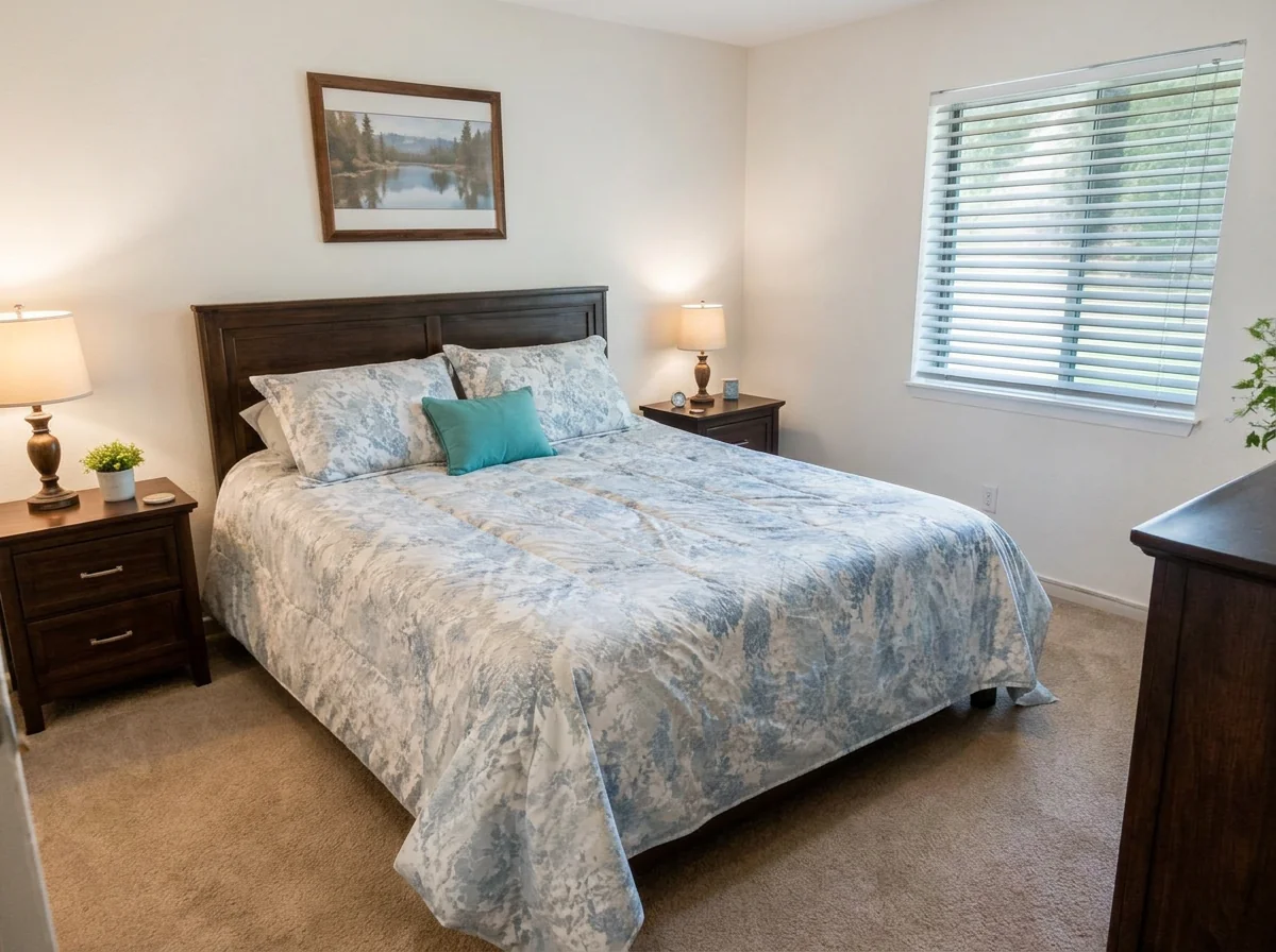 After enhancement: the same bedroom, brighter with neutral colors
