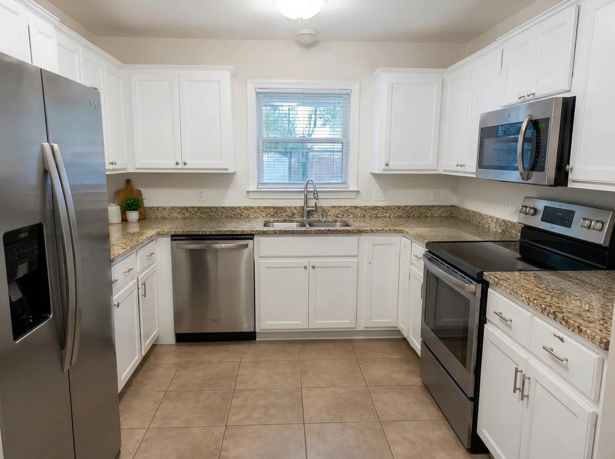 After enhancement: the same kitchen with clean white balance