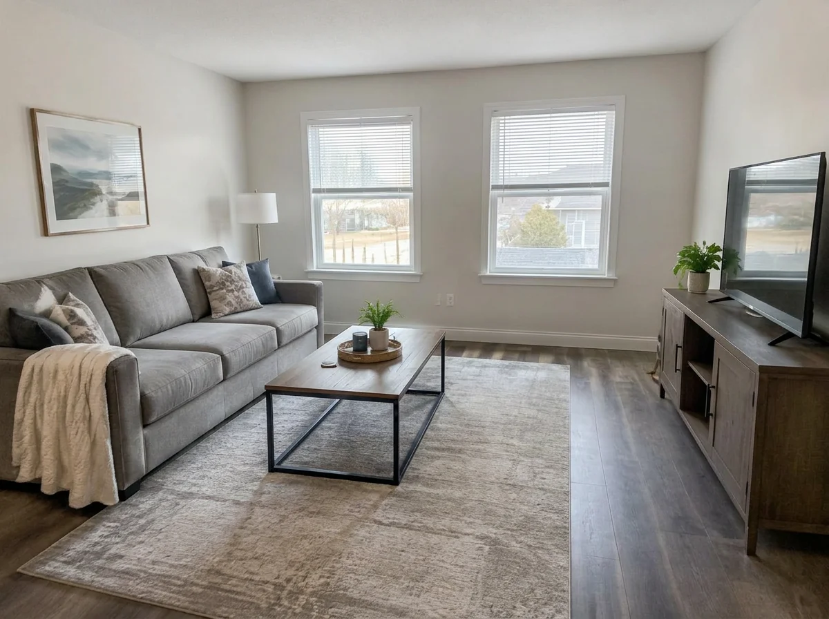 After enhancement: the same living room, bright and warm