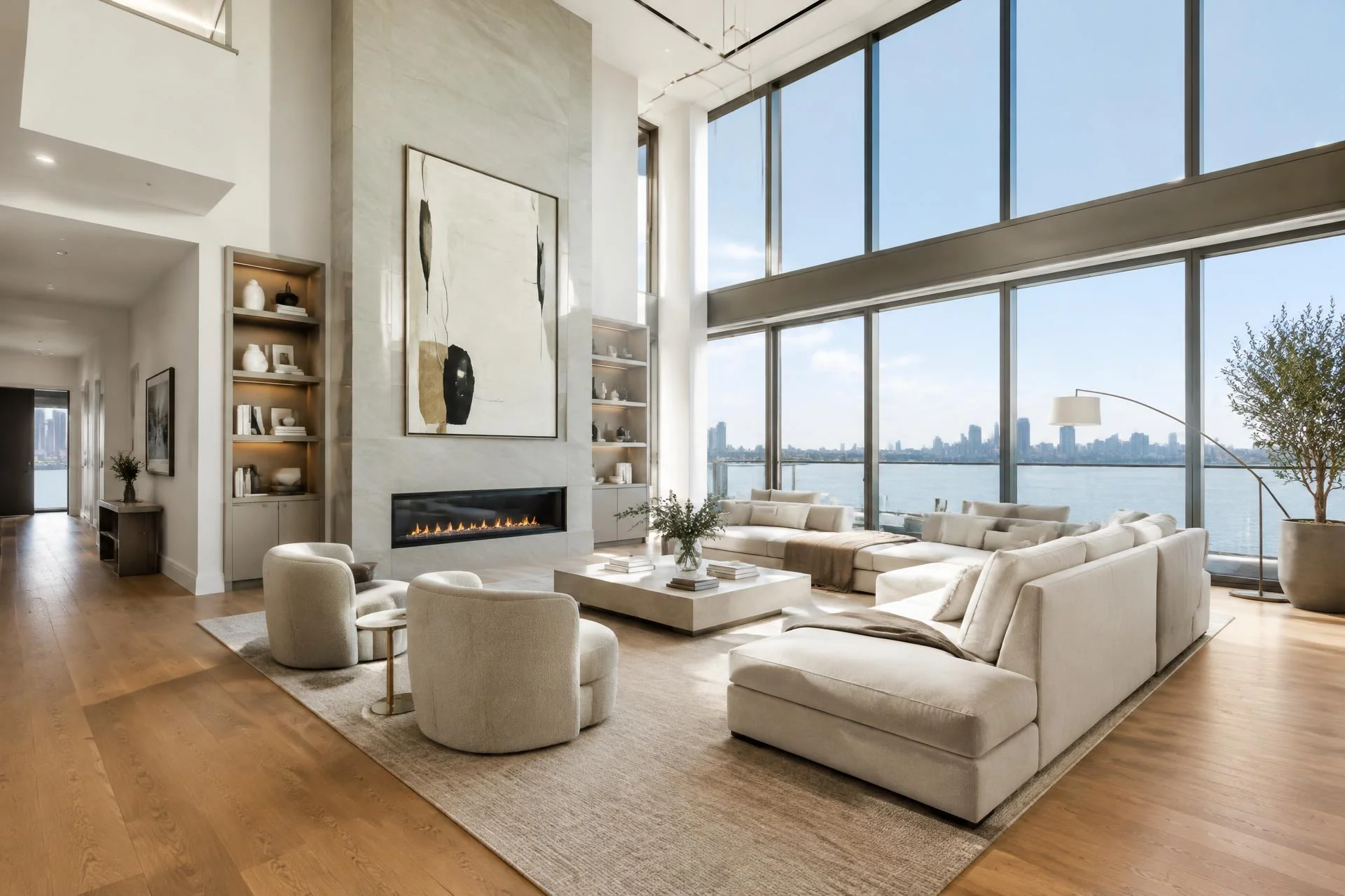 Bright modern living room with floor-to-ceiling windows, styled by professional real estate photography