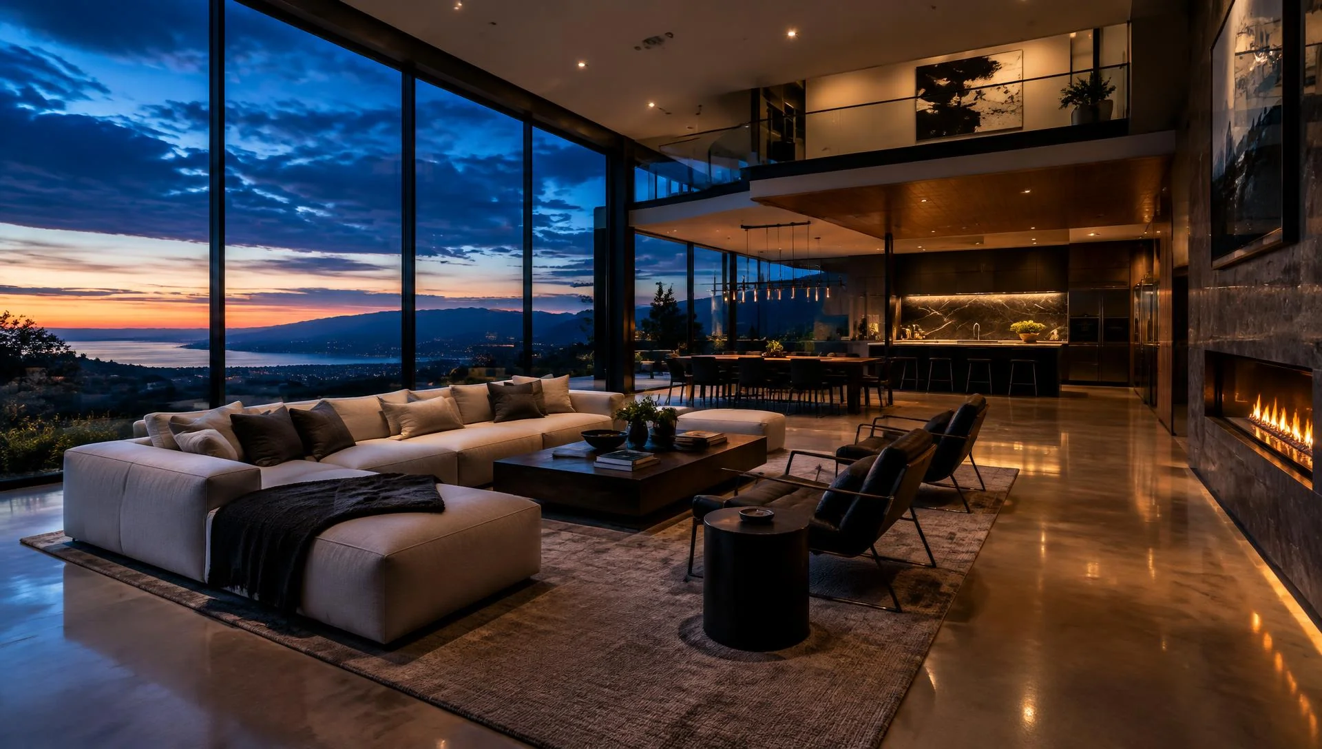 Cinematic dusk view of a modern luxury home interior, illustrating an AI camera-movement video
